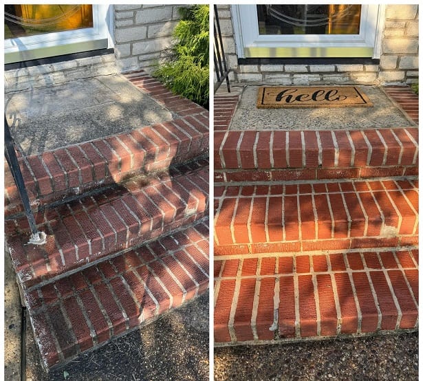 Before and after of brick front steps: dirty on the left and clean on the right