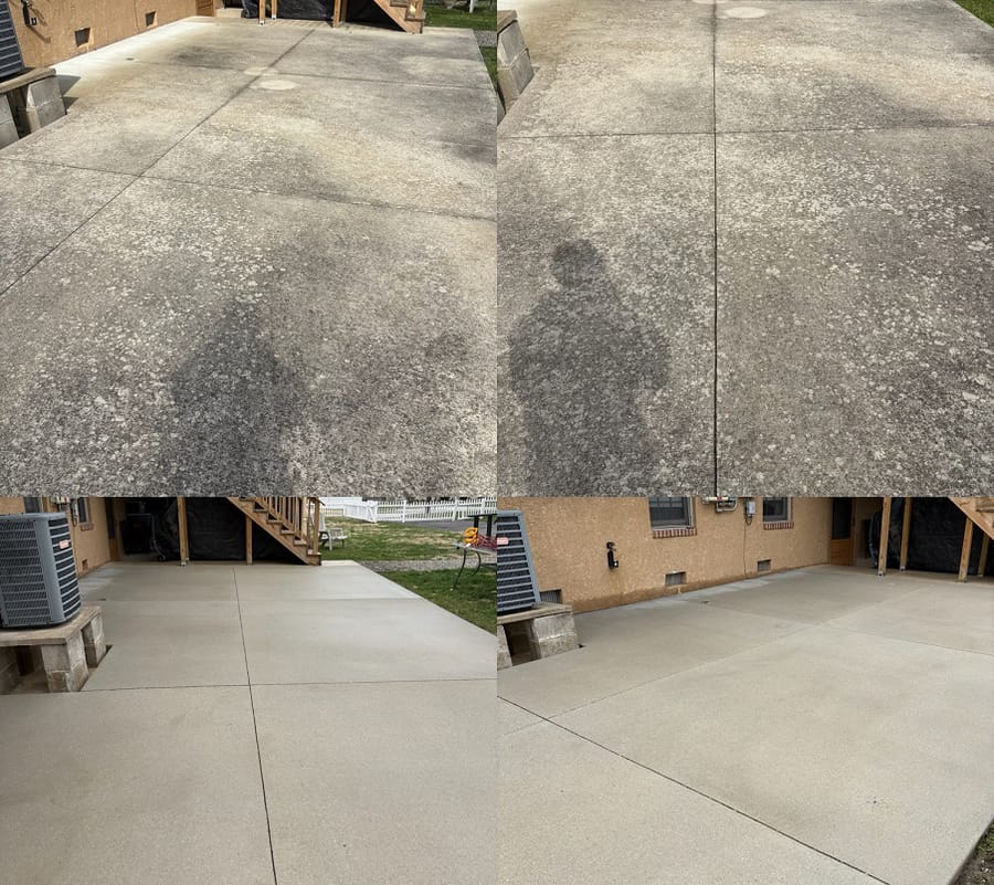 Before and after of concrete walkway and patio, dirty on the left and clean on the right