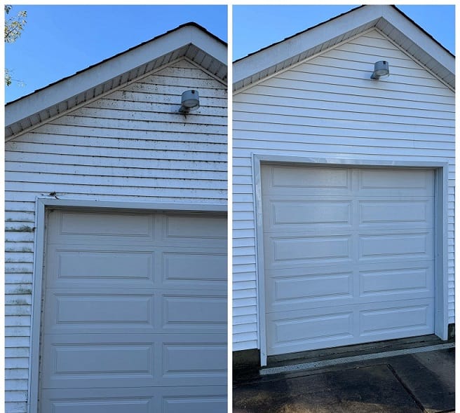 Before and after of a garage with vinyl siding: dingy on the left and bright on the right