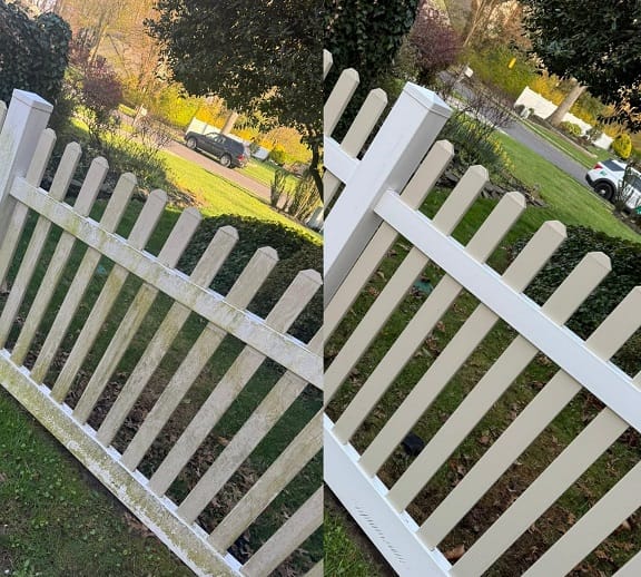 Before and after of a white picket fence: stained on the left and bright white on the right