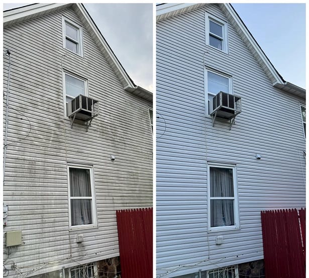 Before and after of vinyl siding: dingy and stained on the left, freshly washed on the right