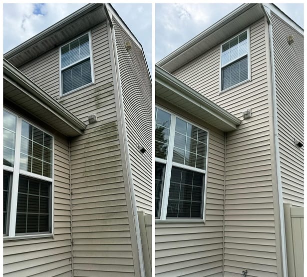 Before and after of vinyl siding on a two-story home: grimy on the left and clean on the right