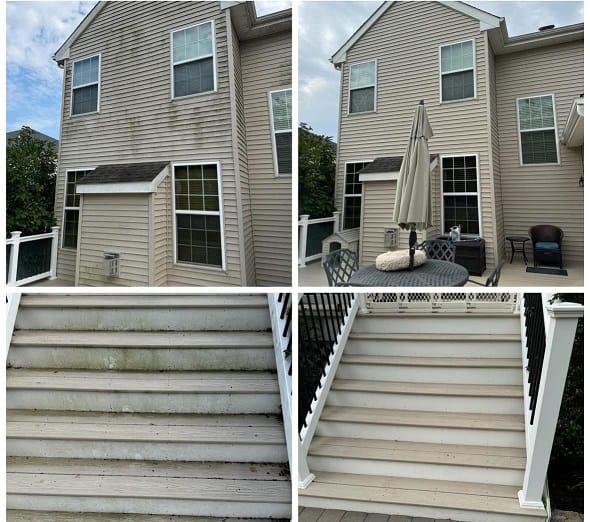 Before and after of siding and deck stairs: weathered on the left and clean on the right