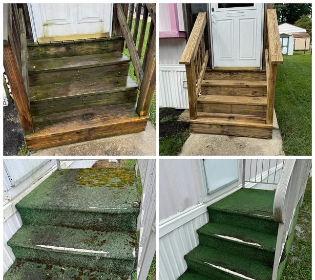 Before and after of wooden and carpeted steps: mossy and worn on the left and clean on the right