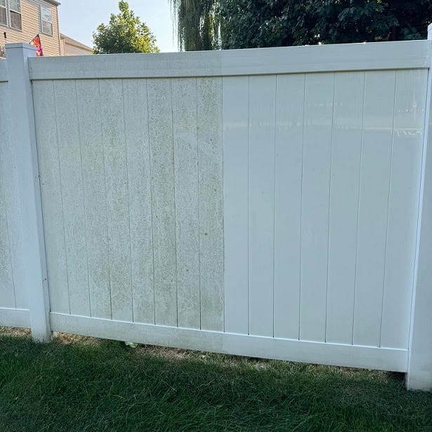 White vinyl fence washed on the right and still green on the left